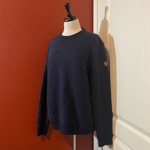 Fjallraven Men’s Ovik Nordic Wool Knit Navy Slouchy Elbow Patch Crewneck Sweater